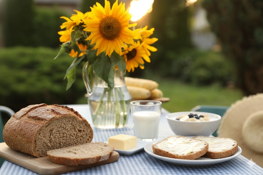 Table with bread, butter, and sunflower